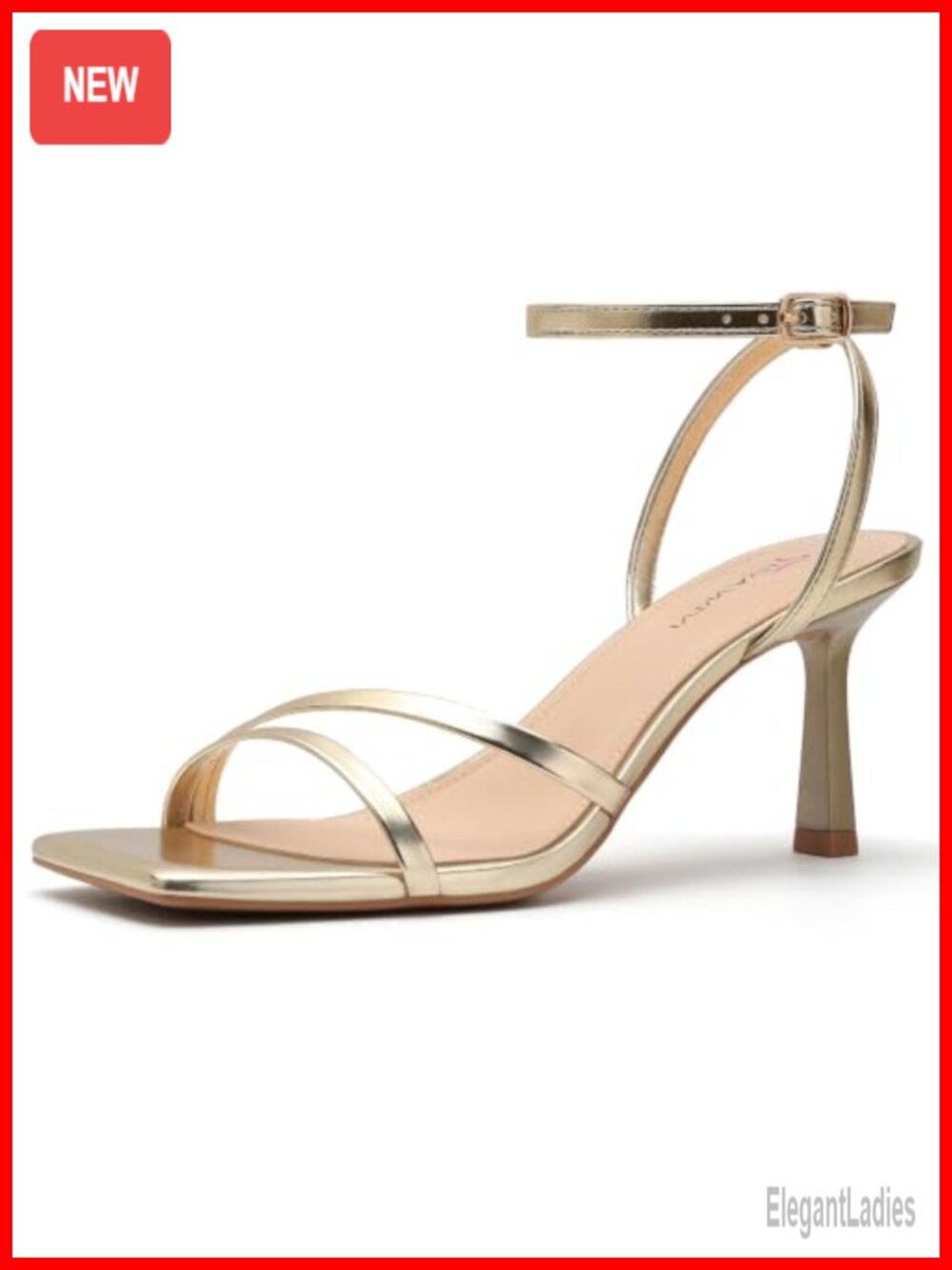 Square Toe Strappy Kitten Heel Sandals Adjustable Ankle Strap Faux Leather